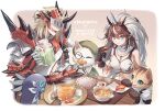 1boy 1girl :d arknights armor bare_shoulders black_gloves blue_eyes bowl breasts brown_hair cat closed_mouth commentary_request drinking_straw fake_horns felyne fish_(food) food gloves holding holding_food holding_knife horns kirin_(armor) kirin_r_yato_(arknights) knife large_breasts long_hair midriff monster_hunter_(series) multicolored_hair nigirizushi noir_corne_(arknights) open_mouth pauldrons plate pointy_ears rathalos_s_noir_corne_(arknights) shoulder_armor smile sushi table tanagawa_makoto terra_research_commission_(arknights) upper_body yato_(arknights) 