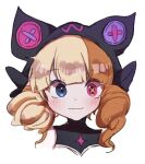  1girl :3 animal_ears blonde_hair blue_eyes blush brown_hair cropped_shoulder drill_hair fake_animal_ears gwen_(league_of_legends) heterochromia hood hood_up league_of_legends mongnyam_(yeon-eomong) multicolored_hair pink_eyes portrait simple_background smile solo soul_fighter_gwen twin_drills twintails two-tone_hair white_background 