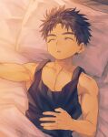  1boy aged_down bed black_hair black_tank_top blue_eyes child closed_eyes domo_(domo_kizusuki) hand_on_own_stomach highres kokado_shido_(domo) lying male_focus muscular muscular_child on_bed open_mouth original pectoral_cleavage pectorals pillow short_hair sleeping solo tank_top 