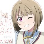  1girl ;d asymmetrical_hair blush bob_cut close-up commentary fingernails grin happy highres light_brown_hair looking_at_viewer love_live! love_live!_nijigasaki_high_school_idol_club nakasu_kasumi nijigasaki_academy_school_uniform one_eye_closed pinky_out purple_eyes school_uniform short_hair smile solo test tottsan translated vest white_background yellow_vest 