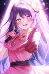  1girl 723/nanahumi :d bare_shoulders commentary_request dress gloves hair_ornament heart highres holding holding_microphone hoshino_ai_(oshi_no_ko) long_hair looking_at_viewer microphone oshi_no_ko outstretched_arm pink_dress pink_gloves pointing pointing_at_viewer purple_eyes purple_hair rabbit_hair_ornament sleeveless sleeveless_dress smile solo very_long_hair 
