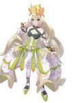  1girl bare_shoulders blonde_hair blush bow butterfly_hair_ornament celine_(fire_emblem) crown detached_sleeves dress fire_emblem fire_emblem_engage flat_chest flower full_body green_bow green_eyes hair_flower hair_ornament highres long_hair looking_at_viewer orange_bow rital smile solo very_long_hair white_background wrist_bow 