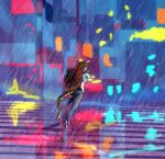  anthro bottomwear cheetah city cityscape clothed clothing digital_media_(artwork) felid feline female footwear hair hi_res humanoid mammal marshbreeze neon_lights night outside pants raining reflection running shirt shoes solo tail topwear 