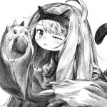  1girl ahoge alternate_costume blush cat_ear_hairband cat_tail expressionless fake_tail greyscale hands_up highres kilsturgeon long_hair looking_at_viewer monochrome namae_shirezu neckerchief one_eye_closed open_mouth paw_sleeves sidelocks simple_background solo sparkle_hair_ornament stitched_eye swept_bangs tail upper_body utau very_long_hair 