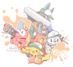  animal_focus artist_name asakoline baseball_cap beak blaster_(splatoon) bloblobber_(splatoon) bubble clothed_pokemon colored_skin commentary_request crocodilian crossover dot_nose e-liter_4k_(splatoon) fangs fuecoco golden_egg green_headwear hat holding holding_weapon lucario no_humans one_eye_closed open_mouth paint_splatter pikachu piplup pokemon pokemon_(creature) red_eyes red_skin salmon_run_(splatoon) solid_oval_eyes splatoon_(series) splattershot_(splatoon) tail v-shaped_eyebrows weapon white_background yellow_skin 