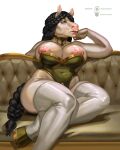  anthro areola aristocrat belly big_breasts big_butt black_hair breasts butt chubby_female clothed clothing corset digital_media_(artwork) equid equine female furniture gold_(metal) green_eyes hair hi_res hooves horse huge_breasts huge_butt jewelry kostictoxic latex leather_sofa legwear lingerie mammal mature_female nipples pink_areola pink_nipples pinup pose simple_background sitting sofa solo stockings tail topwear wahafagart white_body white_skin wide_hips 