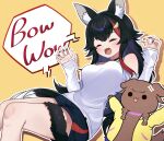  1girl animal_ear_fluff animal_ears black_choker black_hair black_nails black_shorts bone_hair_ornament breasts choker closed_eyes dog hair_ornament highres hiroikara_(smhong04) hololive inugami_korone_(dog) jacket large_breasts ookami_mio open_mouth red_hair shadow shirt shorts sleeves_past_wrists speech_bubble tail tail_around_own_leg virtual_youtuber white_shirt wolf_ears wolf_girl wolf_tail yellow_background yellow_jacket 