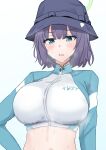  1girl blue_archive blush breasts bucket_hat halo hat highres large_breasts long_sleeves looking_at_viewer official_alternate_costume poshi_(ginmokusei) purple_hair raglan_sleeves rash_guard saki_(blue_archive) saki_(swimsuit)_(blue_archive) simple_background solo steam steaming_body sweatdrop sweaty_clothes upper_body white_background 