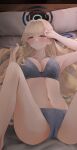  1girl bed_sheet blonde_hair blue_archive blue_bra blue_eyes blue_panties bra breasts closed_mouth fte_(fifteen_199) halo highres indoors long_hair medium_breasts navel panties solo toki_(blue_archive) underwear underwear_only 