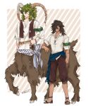  2boys animal_ears armband artist_name beads bracelet brown_hair brown_pants brown_vest centauroid dark-skinned_male dark_skin green_hair hair_beads hair_ornament hooves horn_cover jewelry long_sleeves lukas_bergamot male_focus multiple_boys necklace pants pixiv_fantasia pixiv_fantasia_last_saga sandals scar scar_on_arm scar_on_face sheep_ears shirt simple_background standing striped striped_background taur tozakuro_s vest white_shirt william_cedarwood 