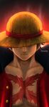  1boy artist_name artofide black_cape black_hair cape closed_mouth hat hat_over_eyes highres monkey_d._luffy one_piece open_clothes open_shirt portrait red_shirt scar scar_on_cheek scar_on_chest scar_on_face shirt short_hair solo solo_focus straw_hat 