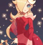  1girl alternate_color bare_shoulders blonde_hair blue_eyes breasts dress earrings gem hair_over_one_eye holding holding_wand jewelry long_hair long_sleeves looking_at_viewer mario_(series) miri_(cherryjelly) night night_sky red_dress rosalina sky smile solo star_(sky) star_(symbol) star_earrings strapless strapless_dress super_smash_bros. wand 