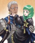  1girl blue_eyes boots carrying couple dark-skinned_male dark_skin dedue_molinaro fire_emblem fire_emblem:_three_houses flayn_(fire_emblem) garreg_mach_monastery_uniform green_eyes green_hair hair_ornament hairclip hetero highres miran_(olivine_20) princess_carry swept_bangs white_hair 