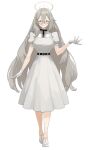  1girl akane_(blue_archive) blue_archive blush breasts dress full_body glasses gloves grey_eyes grey_hair hair_between_eyes halo highres kawatiw long_hair looking_at_viewer parted_lips puffy_short_sleeves puffy_sleeves short_sleeves simple_background solo standing very_long_hair white_background white_dress white_footwear white_gloves 