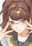  1girl absurdres blue_eyes brown_hair closed_mouth cropped_shoulders glasses hands_up highres kobayashiyouyouko kujikawa_rise looking_over_eyewear persona persona_4 raised_eyebrows school_uniform smile solo twintails 