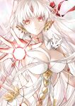  1girl armlet bare_shoulders belly_chain blush body_markings bracelet breasts cleavage collarbone colored_skin durga_(fate) earrings facial_mark fate/grand_order fate_(series) forehead_mark gradient_skin grey_hair hair_ribbon highres jewelry kino_kokko large_breasts long_hair looking_at_viewer orange_eyes outstretched_arm pelvic_curtain red_skin revealing_clothes ribbon sash snake solo thumb_ring very_long_hair 