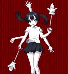  1girl asymmetrical_eyes black_hair black_skirt breasts collared_shirt colored_skin commentary dripping_eye extra_arms feet_out_of_frame gedougawa gloves grey_eyes looking_at_viewer medium_bangs medium_hair monoko open_mouth pleated_skirt red_background shirt short_sleeves single_empty_eye skirt small_breasts socks solo twintails white_gloves white_shirt white_skin white_socks yume_nikki 