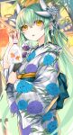  1girl alternate_costume blush commentary_request dragon_girl dragon_horns fate/grand_order fate_(series) fish floral_print goldfish green_hair green_sash highres holding horns japanese_clothes kimono kiyohime_(fate) long_hair long_sleeves looking_at_viewer morizono_shiki parted_lips sash smile solo wide_sleeves yellow_eyes yukata 