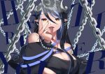  1girl absurdres bandeau belt black_bandeau black_belt black_hair black_jacket blue_belt blue_hair breasts brown_eyes chain character_name chest_belt cleavage commentary curled_horns demon_girl demon_horns forked_tongue grey_background grey_horns hair_between_eyes hebiyoi_tier highres horns jacket large_breasts long_bangs long_hair long_sleeves long_tongue looking_at_viewer multicolored_hair nanashi_inc. off_shoulder open_clothes open_jacket open_mouth pointy_ears shiranui_enki sidelocks solo tongue two-tone_hair upper_body virtual_youtuber 