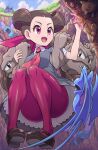  1girl absurdres brown_hair dress floating geodude golbat grey_dress heat_rock highres long_hair necktie nosepass open_mouth pantyhose pink_necktie pink_pantyhose pokemoa pokemon pokemon_(creature) pokemon_(game) pokemon_oras red_eyes ribbon roxanne_(pokemon) shoes solo twintails zubat 