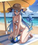  1girl ^_^ aqua_hair barefoot beach beach_towel beach_umbrella bikini blue_bow bombergirl bow breasts brown_headwear cleavage closed_eyes cloud day eyelashes fangs hair_between_eyes hair_ornament hat highres kekek kneeling lewisia_aquablue long_hair looking_at_viewer medium_breasts multicolored_hair ocean outdoors parted_lips pointy_ears sidelocks sky strapless strapless_bikini swimsuit tail tail_bow tail_ornament towel umbrella very_long_hair water white_bikini white_hair yellow_eyes 