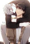  2boys absurdres biting brown_eyes brown_hair cheek_biting closed_mouth highres hug ilay_riegrow jeong_taeui male_focus multiple_boys o_ssion passion_(manhwa) short_hair simple_background surprised white_background white_hair yaoi 