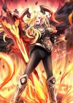  1girl armor black_bodysuit blonde_hair bodysuit dated dragon_horns fate/grand_order fate_(series) fire flaming_sword flaming_weapon greaves gu-rahamu_omega_x hair_over_one_eye highres holding holding_sword holding_weapon horns long_hair nero_claudius_(fate) queen_draco_(fate) queen_draco_(third_ascension)_(fate) red_eyes signature sword weapon 