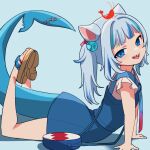  1girl animal_ears arched_back arm_support bag bare_legs blue_background blue_dress blue_eyes blue_hair blue_tail blunt_bangs cat_ears cat_girl commentary dress feet_up fins fish_tail frilled_sleeves frills from_side gawr_gura gawr_gura_(2nd_costume) grey_hair hair_ornament head_tilt highres hololive hololive_english legs looking_at_viewer makugiga multicolored_hair official_alternate_costume on_ground one_side_up open_mouth sandals shadow shark_girl shark_print shark_tail sharp_teeth shirt short_dress short_sleeves shoulder_bag shrimp side_ponytail sidelocks sleeveless sleeveless_dress solo streaked_hair symbol-only_commentary tail teeth toenails toes upper_teeth_only white_shirt 