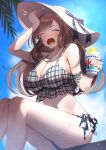  1girl absurdres arm_up armpits bikini blush breasts brown_hair cleavage closed_eyes feet_out_of_frame food gawawawa hand_on_own_head hat headache highres idolmaster idolmaster_shiny_colors large_breasts linea_alba long_hair outdoors palm_leaf plaid plaid_bikini shaved_ice sideboob sitting solo sun_hat sweatdrop swimsuit tsukioka_kogane very_long_hair 