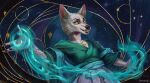  abstract_background anthro bottomwear canid canine canis clothing deymark female flat_chested fur green_eyes hi_res jewelry lily_(atrumpet) looking_at_viewer magic mammal necklace pawpads smile solo star teeth topwear white_body white_fur wolf 