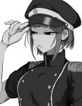  1girl adjusting_clothes adjusting_headwear bob_cut buttons double-breasted gloves greyscale hair_behind_ear half-closed_eyes hat hatching_(texture) highres jacket military_hat military_jacket military_uniform monochrome original parted_lips simple_background solo tsurime uniform upper_body white_background zepitaph 