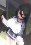  1girl absurdres black_choker black_hair black_wings blue_archive blue_jacket blush bottle breasts choker clipboard feathered_wings gym_shirt gym_shorts gym_uniform hair_between_eyes halo hasumi_(blue_archive) hasumi_(track)_(blue_archive) highres holding holding_bottle holding_clipboard huge_breasts jacket large_wings long_hair looking_at_viewer low_wings mofu07519 mole mole_under_eye official_alternate_costume partially_unzipped ponytail red_eyes shirt shorts solo track_jacket water_bottle white_shirt wings 