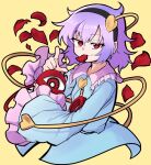  1girl black_hairband blue_shirt hairband heart index_finger_raised komeiji_satori long_sleeves looking_at_viewer messy_hair petals petals_in_mouth purple_hair red_eyes shinmon_akika shirt short_hair simple_background solo third_eye touhou upper_body yellow_background 