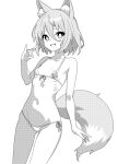  1girl animal_ears bikini commentary cowboy_shot fang fox_ears fox_shadow_puppet fox_tail greyscale groin kudamaki_tsukasa looking_at_viewer monochrome navel onkn_sxkn open_mouth short_hair simple_background smile solo swimsuit tail touhou white_background 