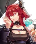  1girl :p arknights bare_shoulders black_dress breasts cleavage commentary dress drop_shadow food hair_intakes hakuramen hands_up holding holding_food horns ice_cream large_breasts looking_at_viewer medium_hair purple_eyes red_hair solo surtr_(arknights) tongue tongue_out upper_body 