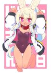  1girl :d animal_ear_fluff animal_ears arms_up bare_legs barefoot blonde_hair blue_hair breasts chibi collar commentary_request covered_navel highres jacket leotard long_hair long_sleeves masurao_(sekaiju) masurao_2_(sekaiju) multicolored_hair naga_u open_clothes open_jacket pink_background ponytail puffy_long_sleeves puffy_sleeves purple_eyes purple_leotard rabbit_ears red_collar sekaiju_no_meikyuu sekaiju_no_meikyuu_5 short_eyebrows sleeves_past_wrists small_breasts smile solo strapless strapless_leotard text_background thick_eyebrows two-tone_background two-tone_hair very_long_hair white_background white_jacket 