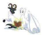  ambiguous_gender book bovid caprine child dragon duo evilyn_sylonius feral fur green_eyes horn hybrid magic magic_user mammal red_eyes scales sheep simple_background student teacher teacher_and_student tuwka white_background white_body white_fur wings young 