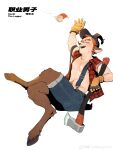  1boy absurdres animal_ears antlers axe bara bare_pectorals crossed_legs deer_antlers deer_boy deer_ears denim dragonpie from_side full_body highres holding holding_axe jeans laughing long_sideburns male_focus navel navel_hair open_clothes open_shirt orange_hair original overalls pants pectorals red_shirt satyr shirt short_hair sideburns solo stomach sweat thick_eyebrows toned toned_male very_sweaty woodcutter 