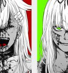  2girls absurdres blood blood_on_clothes blood_on_face closed_eyes closed_mouth cuts dual_persona fangs green_eyes hair_between_eyes hair_flaps hair_ornament hair_ribbon hairclip highres injury kantai_collection long_hair looking_at_viewer multiple_girls open_mouth portrait ribbon scarf sumoffu torn_clothes yuudachi_(kancolle) yuudachi_kai_ni_(kancolle) 