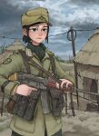  1girl absurdres africa afrika_korps ammunition_pouch assault_rifle belt black_eyes black_hair black_scarf blush breast_pocket brown_belt brown_headwear brown_jacket brown_shirt buttons canteen closed_mouth cloud collar_tabs collared_shirt commentary commission cuff_title dark_clouds day english_commentary fence_post grey_pants gun hat hat_ornament highres hut insignia jacket lapels load_bearing_equipment looking_ahead military military_hat military_jacket military_uniform nose notched_lapels original outdoors overcast pants patch pink_lips pocket pouch power_lines ribbon_bar rifle rifleman1130 scarf shirt shoulder_boards shoulder_patch sky sling soldier solo stg45 trigger_discipline uniform upper_body utility_pole weapon world_war_ii 
