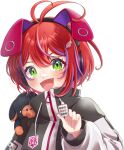  1girl :d akane_canna akane_canna_(2nd_costume) animal_ear_headphones animal_ears antenna_hair black_coat blush coat commentary_request dog fake_animal_ears fang green_eyes hair_between_eyes headphones holding_mahjong_tile long_sleeves looking_at_viewer mahjong mahjong_tile medium_bangs multicolored_hair nanashi_inc. open_mouth purple_hair red_hair reona_kfc02 short_hair simple_background smile solo streaked_hair transparent_background two-tone_coat two-tone_hair upper_body white_coat wing_hair_ornament zipper 