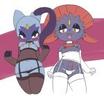  anthro armwear breasts clothed clothing crossdressing duo elbow_gloves female garter_straps generation_4_pokemon generation_8_pokemon genitals gloves handwear legwear lingerie looking_at_viewer male nintendo panties penis pokemon pokemon_(species) pussy simple_background small_breasts sneasler thigh_highs tongue tongue_out underwear vono weavile 
