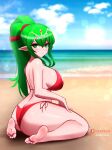  1girl alternate_breast_size artist_name ass barefoot beach bikini blush breasts closed_mouth cloud cloudy_sky commentary crossed_bangs day eyelashes feet fire_emblem fire_emblem_awakening fire_emblem_heroes green_hair hair_between_eyes hand_on_own_thigh highres huge_breasts jaxdrawz looking_at_viewer on_ground outdoors patreon_logo pointy_ears ponytail red_bikini shiny_skin side-tie_bikini_bottom sideboob sidelocks sitting sky soles solo swimsuit thick_thighs thighs tiki_(adult)_(fire_emblem) tiki_(adult)_(summer)_(fire_emblem) tiki_(fire_emblem) toes wariza 