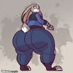  2016 anthro artist_name big_butt blush bottomwear buckteeth butt clothing dedoarts digital_media_(artwork) disney female footwear fur grey_body grey_fur huge_butt judy_hopps lagomorph leporid mammal multicolored_body multicolored_fur open_mouth pants police_uniform rabbit solo teeth thick_thighs toeless_footwear topwear two_tone_body two_tone_fur uniform white_body white_fur zootopia 