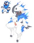 absol absurd_res anthro blue_fire blush bodily_fluids colored_fire fire fusion generation_2_pokemon generation_3_pokemon genital_fluids genitals hi_res male nintendo pokemon pokemon_(species) pokemon_fusion pokemon_infinite_fusion precum red_eyes shoko_contane simple_background solo typhlosion white_body 