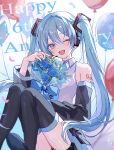  1girl balloon black_skirt black_sleeves black_thighhighs blue_eyes blue_flower blue_hair blue_necktie blue_rose blush boots bouquet collared_shirt commentary_request detached_sleeves flower hair_between_eyes happy_birthday haruta_333_x hatsune_miku headphones headset highres holding holding_bouquet long_hair looking_at_viewer milestone_celebration necktie one_eye_closed open_mouth pleated_skirt rose shirt sitting skirt sleeveless sleeveless_shirt smile solo tattoo thigh_boots thighhighs twintails very_long_hair vocaloid 