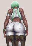  1girl armlet ass ass_focus boots breasts brown_footwear dark-skinned_female dark_skin emerald_sustrai from_behind green_hair highres kuon_(kwonchanji) large_breasts long_hair pants pocket rwby solo sports_bra thigh_boots white_pants white_sports_bra 