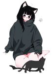  1girl :o ahoge animal_ear_fluff animal_ears barefoot black_cat black_eyes black_hair blunt_bangs blush blush_stickers cat cat_ears cat_girl dot_nose full_body grey_hoodie highres hood hoodie looking_down megateru no_legwear no_pants nose_blush notice_lines on_floor original oversized_clothes paw_print sleeves_past_wrists solo thighhigh_removed thighs white_background 