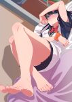  1girl absurdres arm_up ass barefoot bed bed_sheet black_hair black_skirt blue_eyes blurry blurry_background blush bookshelf bow bowtie breasts closed_mouth commentary_request dutch_angle eyelashes feet foreshortening full_body godai_01 gridman_universe gridman_universe_(film) highres indoors knees_up legs long_hair looking_at_viewer lying miniskirt nail_polish on_back on_bed orange_scrunchie pleated_skirt red_bow red_bowtie school_uniform scrunchie shadow shiny_skin shirt short_sleeves skirt solo ssss.gridman takarada_rikka thighs toenail_polish toenails toes vest white_vest wrist_scrunchie 
