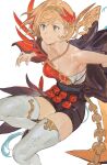 1girl bare_shoulders blonde_hair breasts brown_eyes brown_shorts cleavage closed_mouth commentary_request detached_sleeves djeeta_(granblue_fantasy) firedancer&#039;s_roseplume_(granblue_fantasy) gloves granblue_fantasy hair_ornament hairband hashibiro_kou_(garapiko_p) highres partial_commentary shirt shoes short_hair short_shorts shorts simple_background single_detached_sleeve single_glove small_breasts smile solo strapless strapless_shirt thighhighs white_background white_thighhighs 